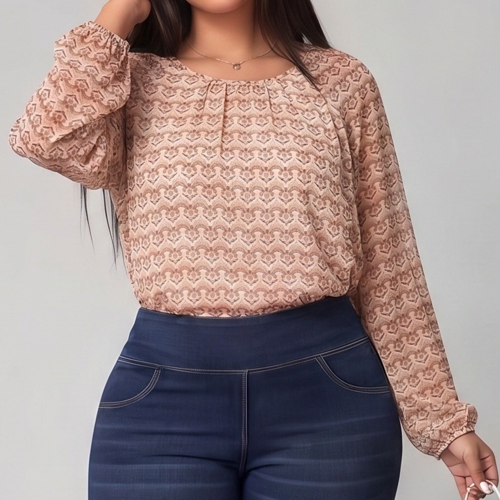 DR2 XL Neutral Boho Bubble Hem 3/4 Sleeve Top Blouse